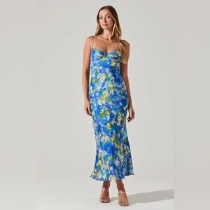 Astr The Label Florianne Blue Floral Satin Maxi Dress